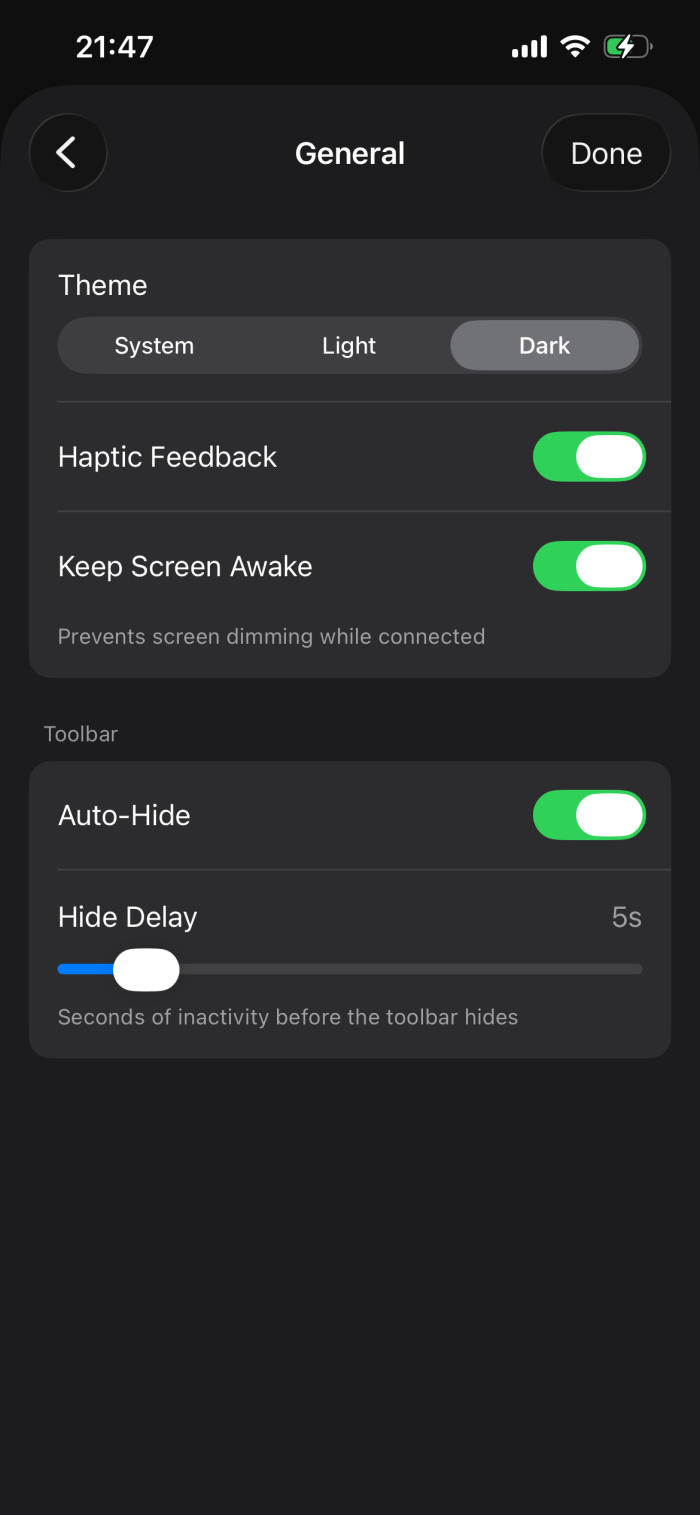 The General settings page on an iPhone: Theme with System, Light and Dark, Haptic Feedback, Keep Screen Awake, and the Toolbar group with Auto-Hide and Hide Delay.