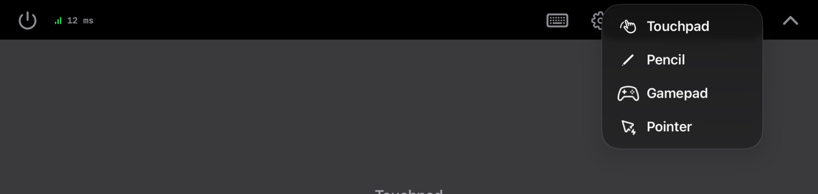 The top of the touchpad screen on an iPad, with the mode menu open from the Touchpad button. The menu shows Touchpad, Pencil, Gamepad and Pointer.
