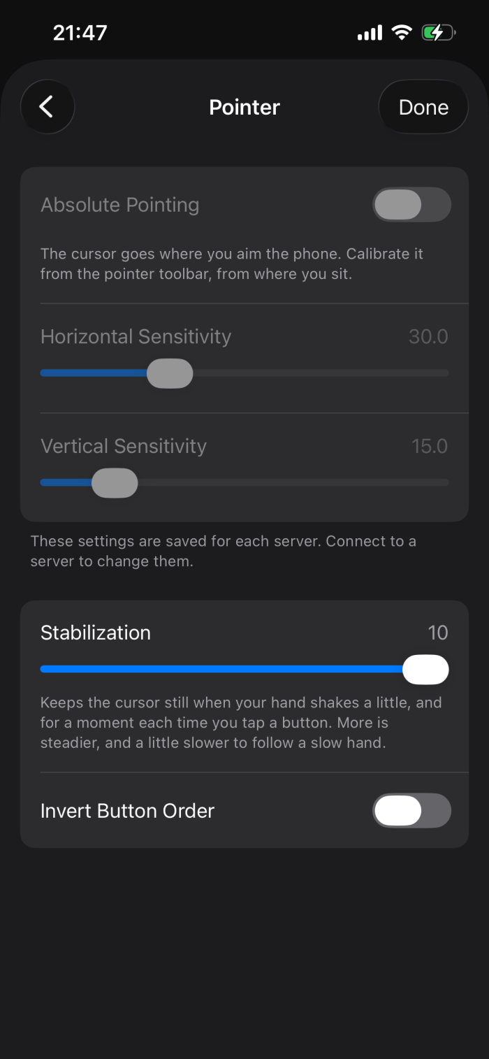 The Pointer settings page on an iPhone with no connection. Absolute Pointing and the two sensitivity sliders are dimmed, and the note below them says that these settings are saved for each server. Stabilization, Click Hold and Invert Button Order below are not dimmed.