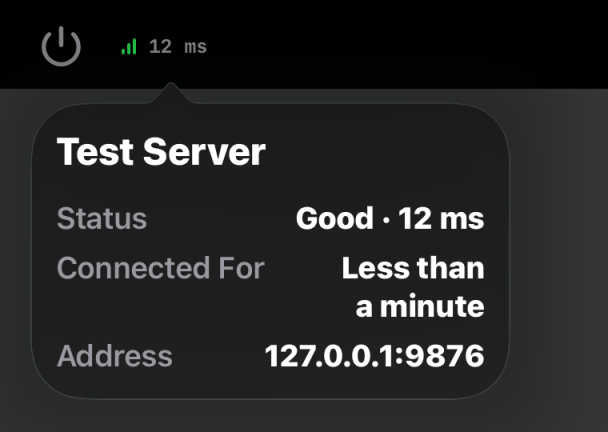 The connection details box in the Ilopad app. It shows the server name, the status Good with the latency, the time connected and the address.