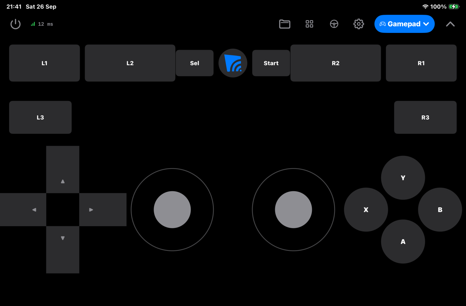 Gamepad mode on an iPad in landscape, with two sticks, a D-pad, the A B X Y buttons and the shoulder buttons