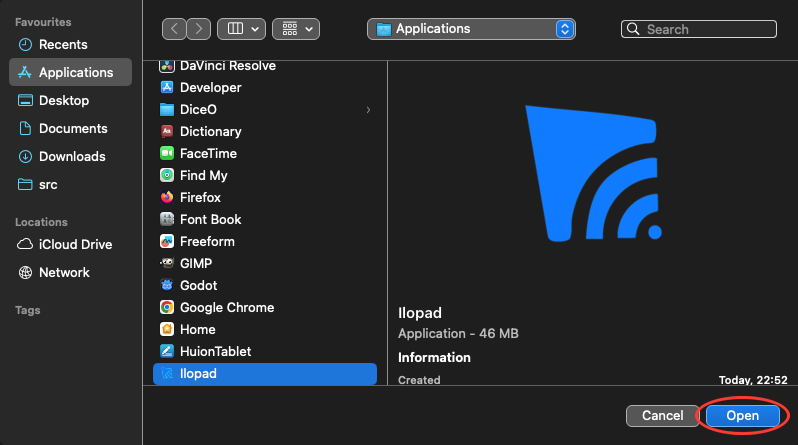 The macOS file window at the Applications folder, with Ilopad selected. A red circle marks the Open button.