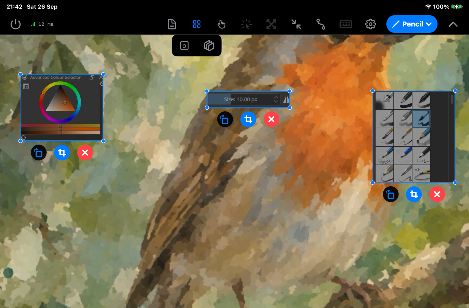 Pencil mode zoomed in on a drawing in Krita. Three overlays show the color selector, the brush size and the brush presets of Krita. Each overlay has a turn handle, a crop button and a delete button, because edit mode is on.
