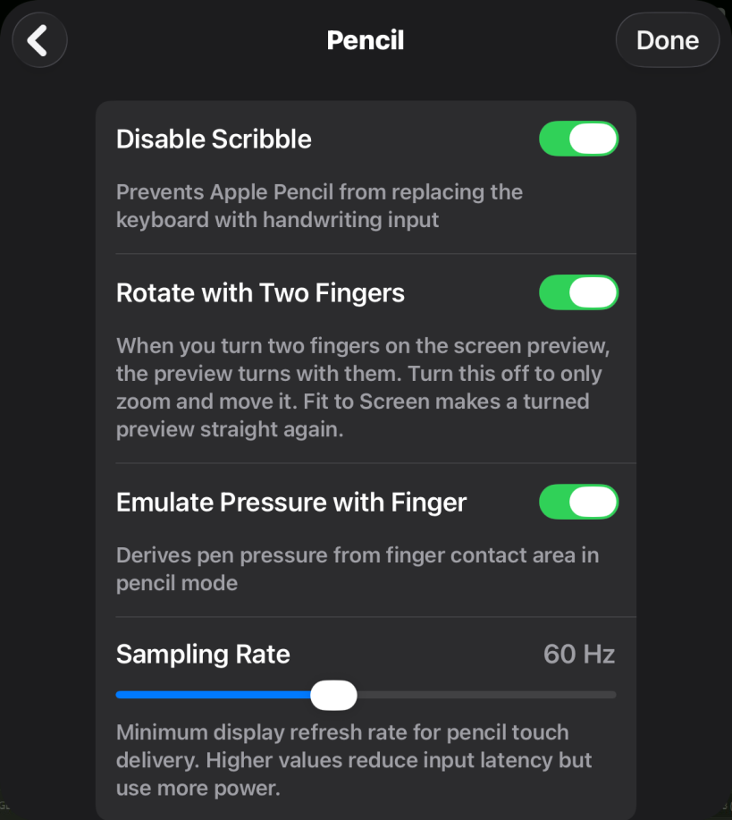 The Pencil page of Settings with Disable Scribble, Rotate with Two Fingers, Emulate Pressure with Finger and Sampling Rate.