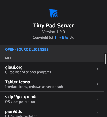 The About window: Ilopad Server, Version 1.0.0, the copyright line, and the start of the open-source licenses list.