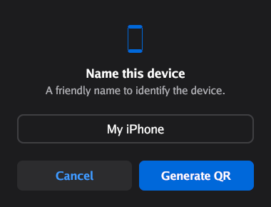 The Name this device dialog with the name My iPhone typed in the field, and the buttons Cancel and Generate QR.