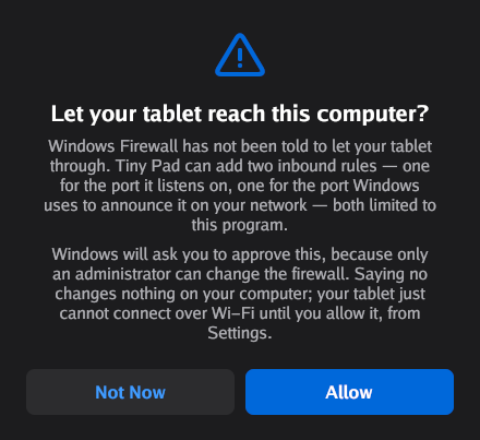 The Ilopad firewall window on Windows, with the buttons Not Now and Allow