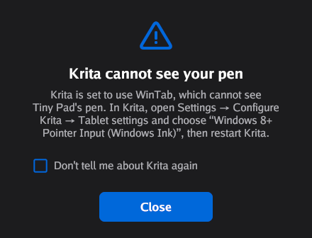 Server dialog titled Krita cannot see your pen. It tells you to select Windows 8+ Pointer Input (Windows Ink) in the Krita tablet settings.