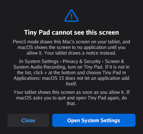 Server dialog titled Ilopad cannot see this screen, with the buttons Close and Open System Settings.