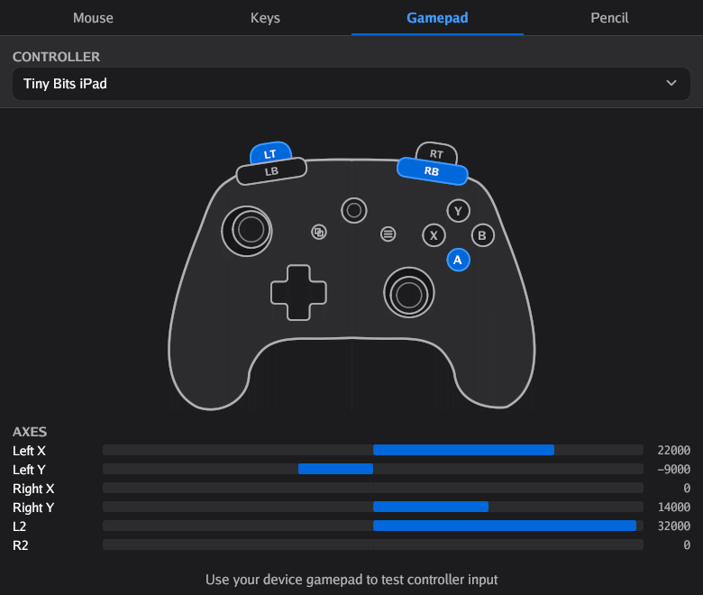 The Gamepad tab of the Input Testing window: a controller drawing with the pressed buttons in blue, and bars for each axis