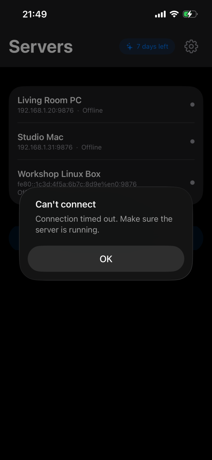 The Can't connect alert over the Servers list in the Ilopad app