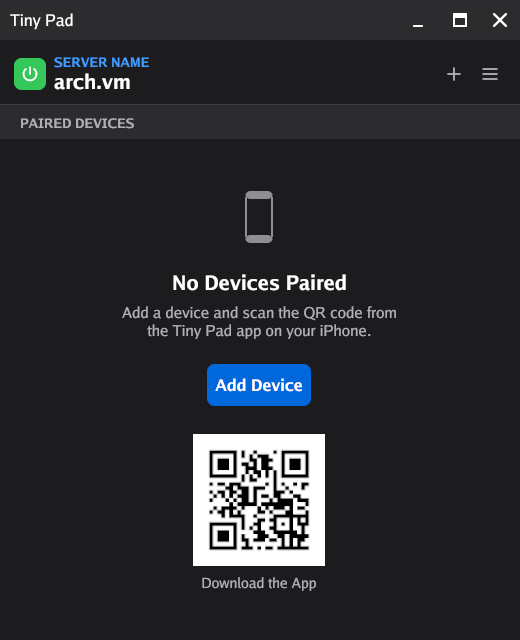 Ilopad Server on Arch Linux showing the server name, a green power button and the No Devices Paired empty state