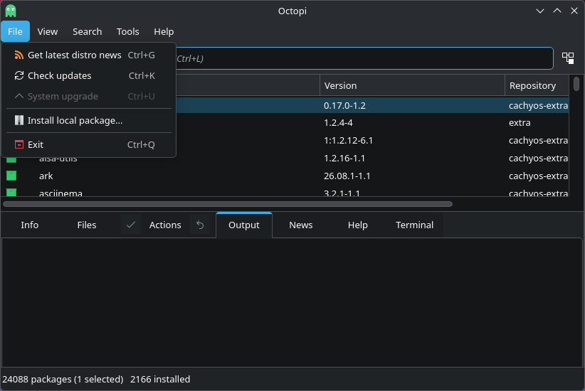 Octopi with the File menu open, showing the Install local package option