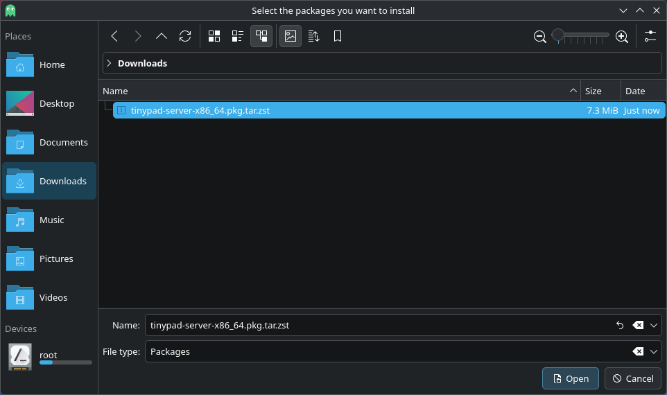 The Octopi file picker showing ilopad-server-x86_64.pkg.tar.zst in the Downloads folder