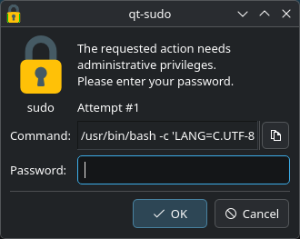 The qt-sudo dialog asking for your password