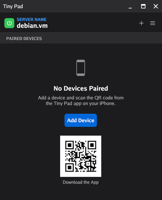 The Ilopad window on Debian in dark mode, showing the server name, a green power button and the No Devices Paired empty state