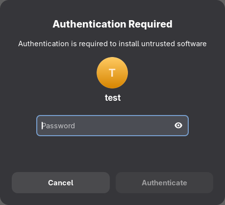 Authentication dialog asking for a password to install the software