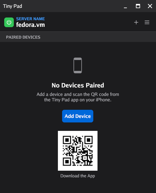 The Ilopad window on Fedora in dark mode, showing the server name, a green power button and the No Devices Paired empty state