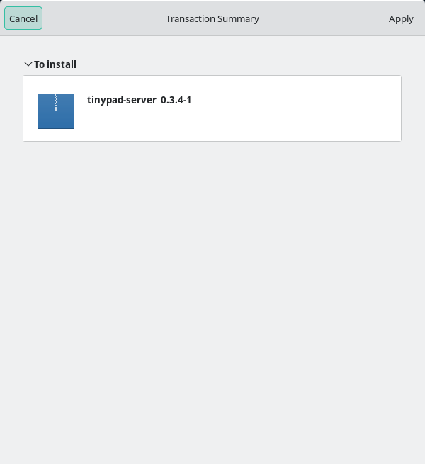 Pamac Transaction Summary showing ilopad-server under To install with an Apply button