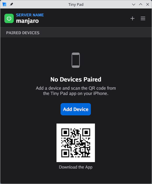 Ilopad showing the server name, a green power button and the No Devices Paired empty state