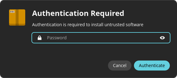 Authentication Required dialog asking for a password to install the software