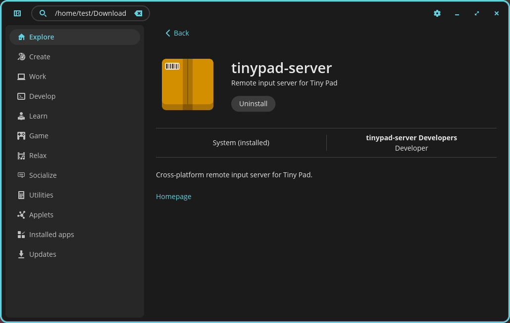 COSMIC Store showing ilopad-server installed with an Uninstall button