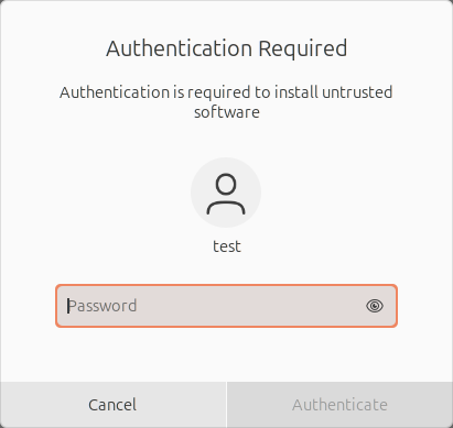 Authentication Required dialog: Authentication is required to install untrusted software
