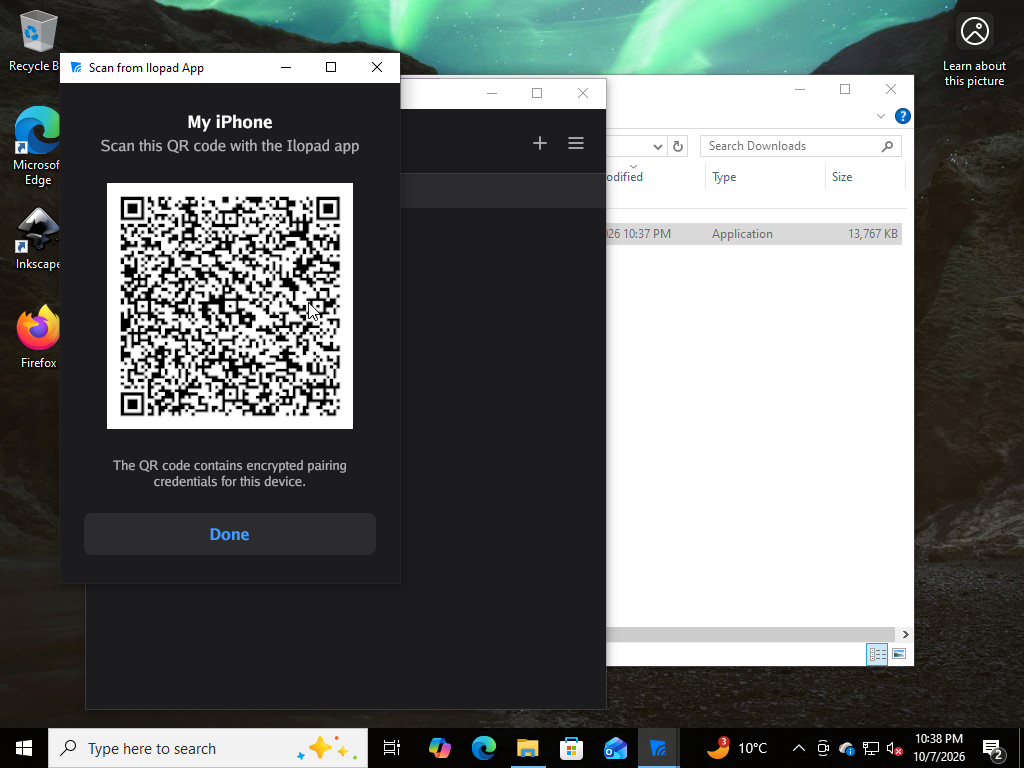 Ilopad pairing window: Scan this QR code with the Ilopad iOS app
