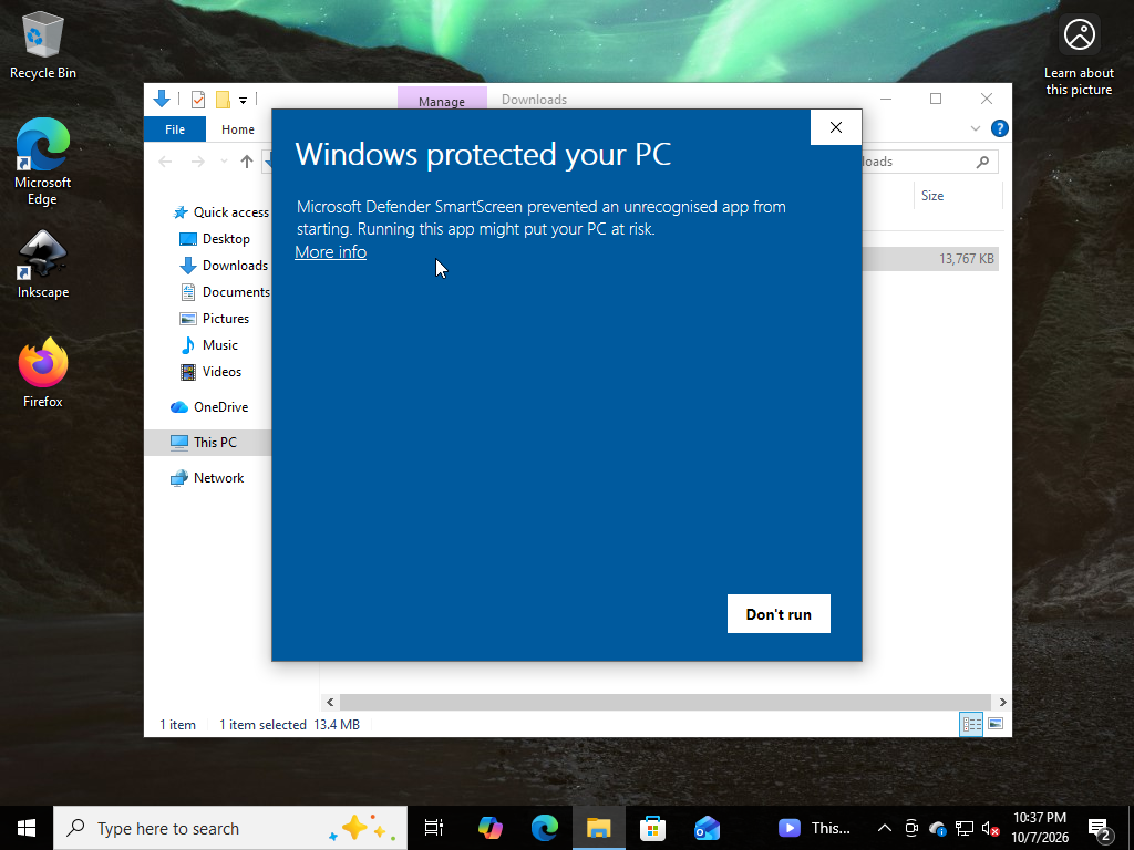 Windows protected your PC SmartScreen dialog with a More info link