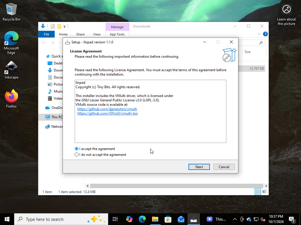 Setup wizard License Agreement page with I accept the agreement selected