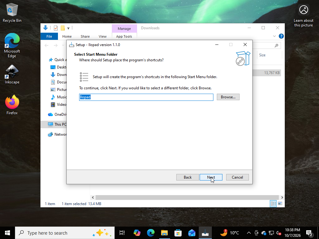 Select Start Menu Folder page showing the Ilopad group