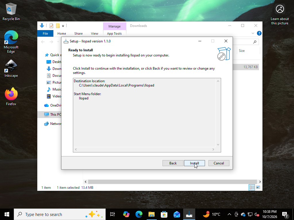 Ready to Install page listing the destination and Start Menu folder