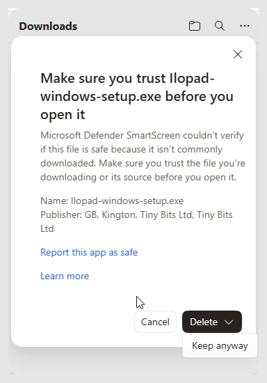 Edge dialog Make sure you trust Ilopad-windows-setup.exe before you open it, with Keep anyway under the Delete button